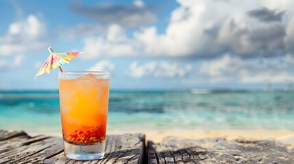 Refreshing Beach Cocktail Amid Tropical Scenery and Serene Ocean Waves