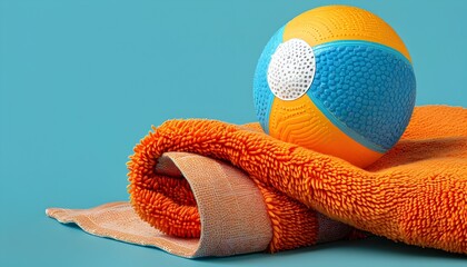Colorful Beach Ball Resting on Plush Orange Beach Towel in Tranquil Coastal Setting