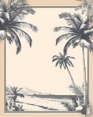 Monochromatic Palm Tree Bordered Tropical Beach Landscape Scenic Backdrop for Summer Vacation Invitation or Greeting Card Design