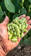 Naklejka na ściany i meble Freshly Picked Lima Beans in Farmer's Hands - Organic Crop Cultivation and Gardening