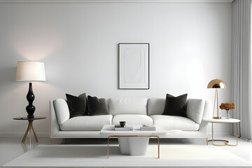 Interior design,Living area interior design , empty white wall in modern style with lamp,sofa,designer chair,table,side table , 3d rendering