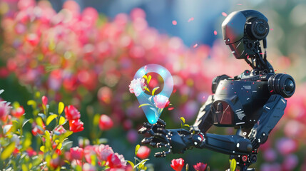 Fototapeta premium Location images, A robot standing in the spring background and holding its hand to find the location