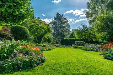 Obraz premium Beautiful English style garden with green lawn trees and flowers viewed in summer