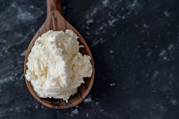 Authentic mascarpone cheese in a wooden spoon
