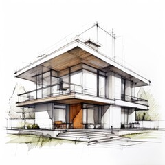 Fototapeta na wymiar Architect's House Hand Sketch Drawing - Home Design, Architect’s Office, Real Estate Planning.