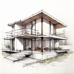 Architect's House Hand Sketch Drawing - Home Design, Architect&rsquo;s Office, Real Estate Planning.