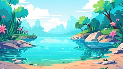 Enchanted Lake Oasis, Serene Nature Illustration