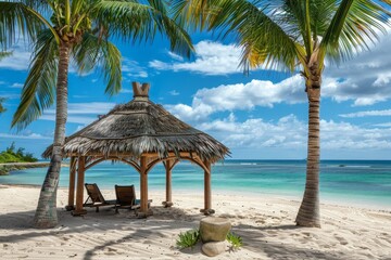 Beachside gazebo with chairs under palm tree