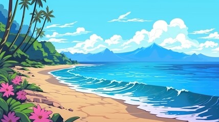 Fototapeta na wymiar Tropical Beach Paradise Cartoon Illustration