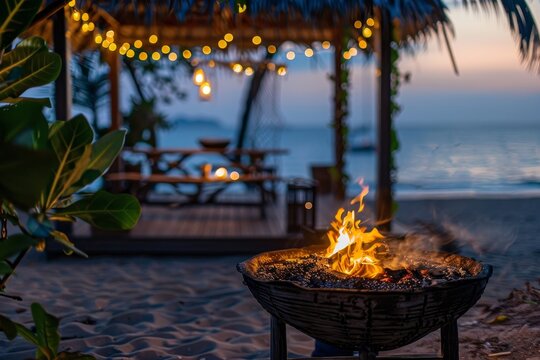 Beachside gazebo with flaming grill at round table Twilight setting with garlands
