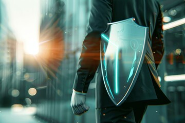 Businessman using shield to protect data on blurred background