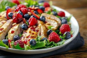 Berry vinaigrette salad with chicken and fruits