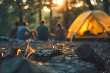 Blurry camping tent with backpackers near campfire in tourist area
