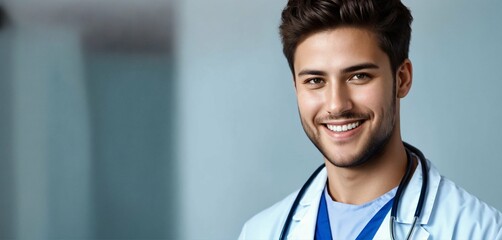 Headshot portrait of smiling young doctor looking at camera over studio background against white studio wall background