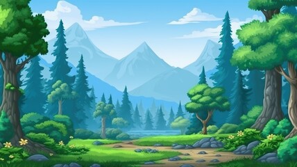 Serene Mountain Valley, Vibrant Cartoon Landscape