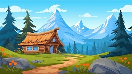 Peaceful Mountain Cabin, Scenic Countryside Illustration