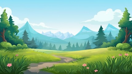 Fototapeta premium Enchanting Mountain Pathway, Lush Forest Cartoon