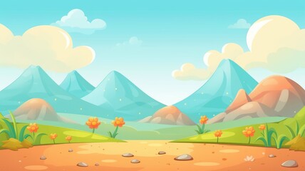 Sunny Mountain ValleY, Vibrant Cartoon Landscape