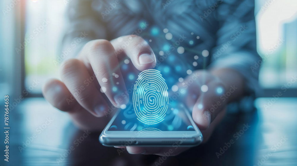 Poster biometric verification or fingerprint authentication login in mobile phone. modern biometric cyber s