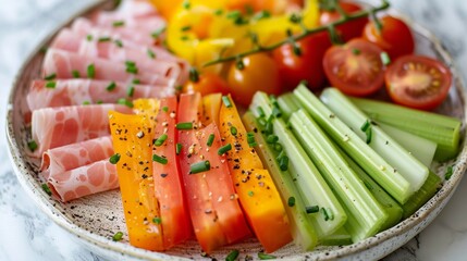 Freshly prepared platter with prosciutto, cheese, celery, and cherry tomatoes for a healthy snack