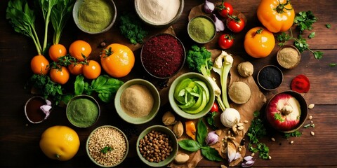 photo of vegan food ingredients on a table from above