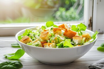 Caesar salad in white bowl lit by natural light from window - obrazy, fototapety, plakaty
