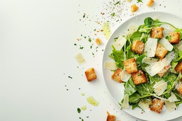 Caesar salad with croutons and parmesan on white background - obrazy, fototapety, plakaty