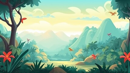 Fototapeta na wymiar Tropical Sunrise in the Jungle, Vibrant Morning Illustration