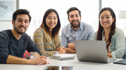 Fototapeta premium Cheerful, diverse business team engaging in discussion in a sunny office.