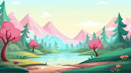 Enchanted Forest Sunrise, Vibrant Cartoon Landscape Illustration