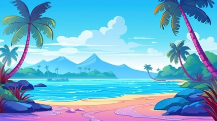 Fototapeta na wymiar Tropical Paradise Beach, Vibrant Cartoon Scenery