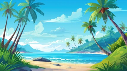 Fototapeta na wymiar Tropical Beach Paradise, Serene Cartoon Illustration