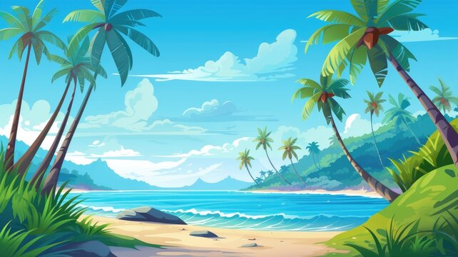 Tropical Beach Paradise, Serene Cartoon Illustration