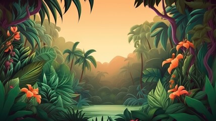 Fototapeta na wymiar Enchanted Tropical Forest Sunrise, Vibrant Cartoon Illustration