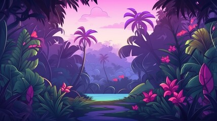 Fototapeta na wymiar Tropical Sunset Paradise, Vibrant Jungle Illustration