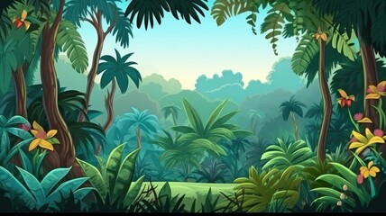 Fototapeta premium Enchanted Tropical Forest Pathway, Lush Greenery Illustration