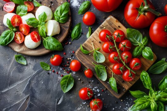 Caprese salad with mozzarella tomatoes and basil on stone table top view