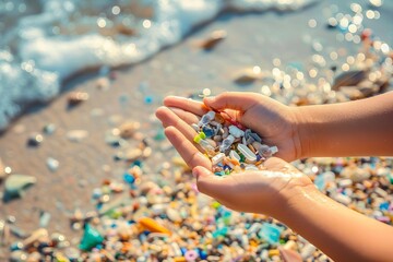 hands collecting microplastics on beach water pollution and environmental conservation photo - obrazy, fototapety, plakaty