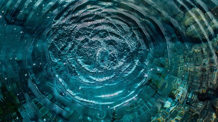 Blue water surface with circular ripples from a water fountain in the center. - obrazy, fototapety, plakaty