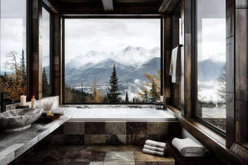 Luxurious Canadian mountain retreat bathroom with stone accents and cool-toned colors, lit by early morning light.