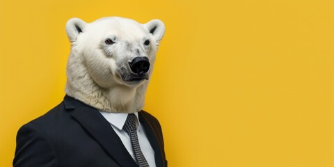 Portrait of a polar bear in a business suit with a tie against a yellow background. - obrazy, fototapety, plakaty