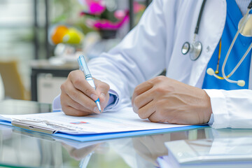 Male doctor writing and filling a prescription for her patient, medical insurance claim form