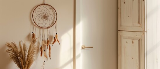 Dreamcatcher adorning white cabinets and a beige wall in a room with a closed door in a home.