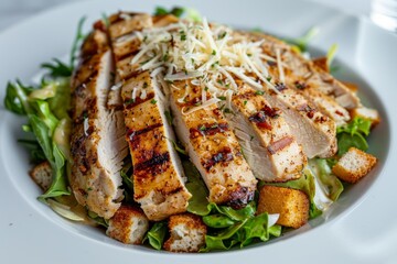 Chicken Caesar salad on white plate