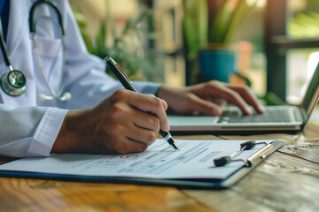 Male doctor writing and filling a prescription for her patient, medical insurance claim form