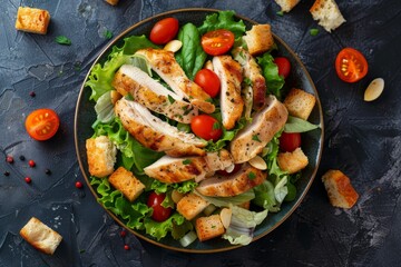 Chicken Caesar salad with tomatoes croutons Italian overhead view