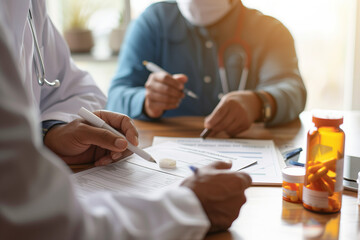 Male doctor writing and filling a prescription for her patient, medical insurance claim form