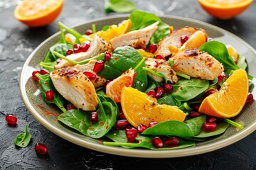 Chicken salad with orange spinach and pomegranate seeds Healthy eating idea