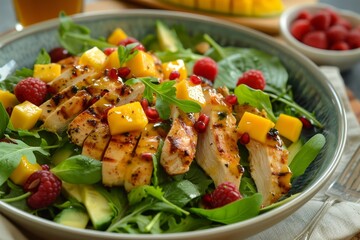 Chicken salad with raspberry and mango dressing