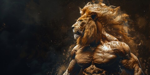 Majestic lion with human bodybuilder form, sparkling gold dust background.
